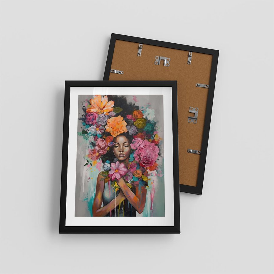 Plakat w ramie 30x40 - Z Głową w Kwiatach - obraz olejny, sztuka nowoczesna - rama czarna