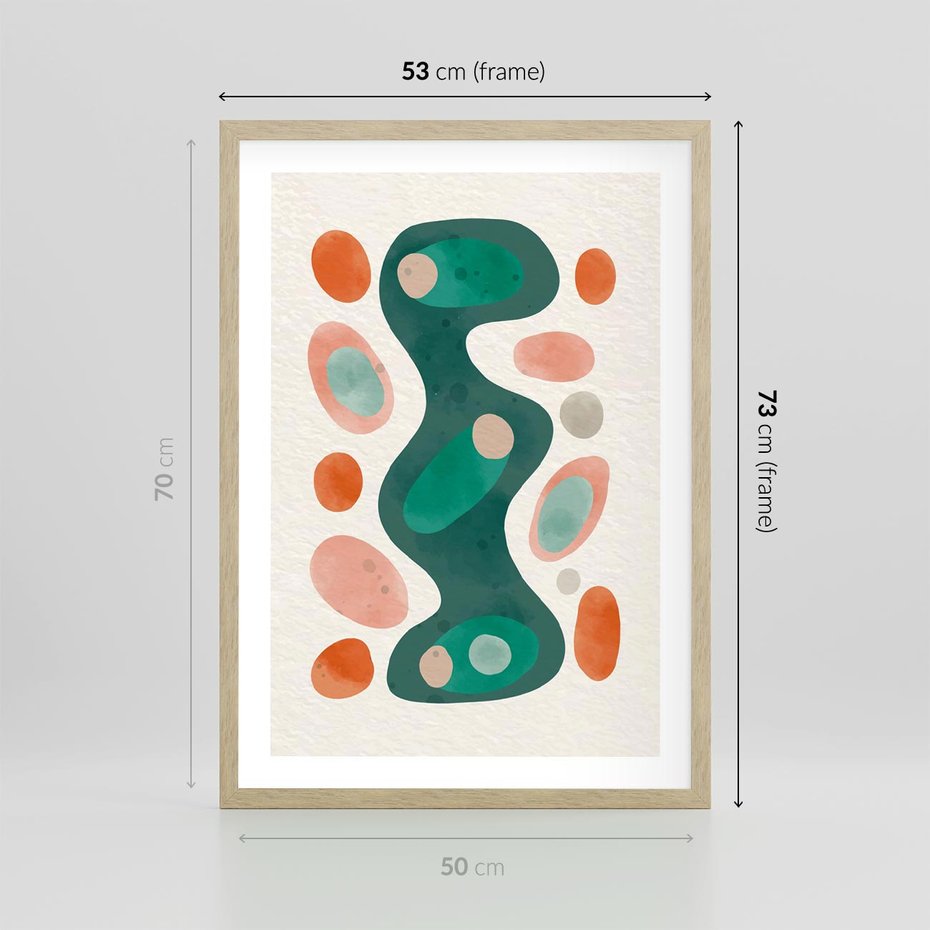 Plakat w ramie 50x70 - Wewnętrzne Spektrum - abstrakcyjne formy, dominujący kolor zielony - rama drewno