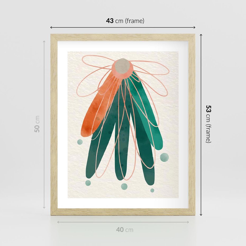 Plakat w ramie 40x50 - Energetyczna Harmonia Kwiatów - akwarelowe abstrakcyjne kształty, zieleń i pomarańcz - rama drewno