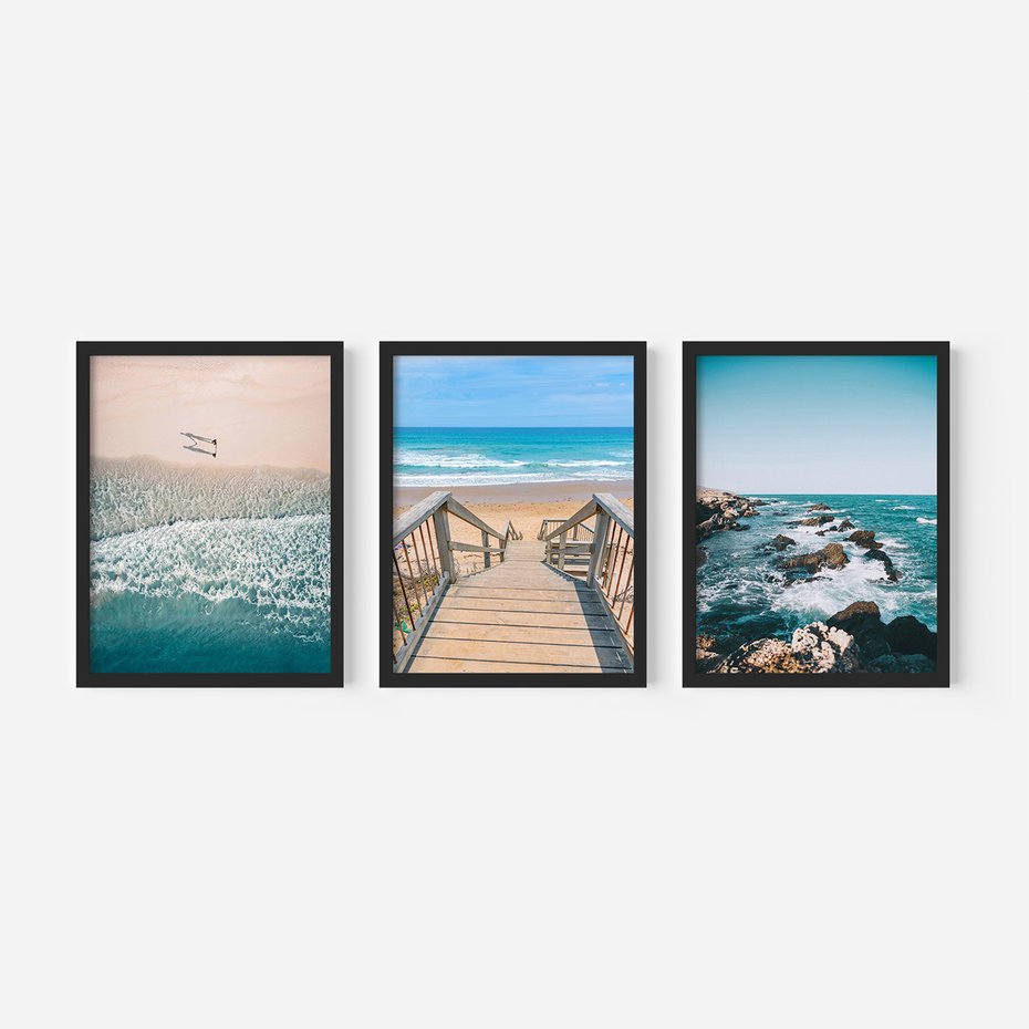 Zestaw obrazy w ramie 30x40 galeria - Plaża, morze, fale, boho - rama czarna