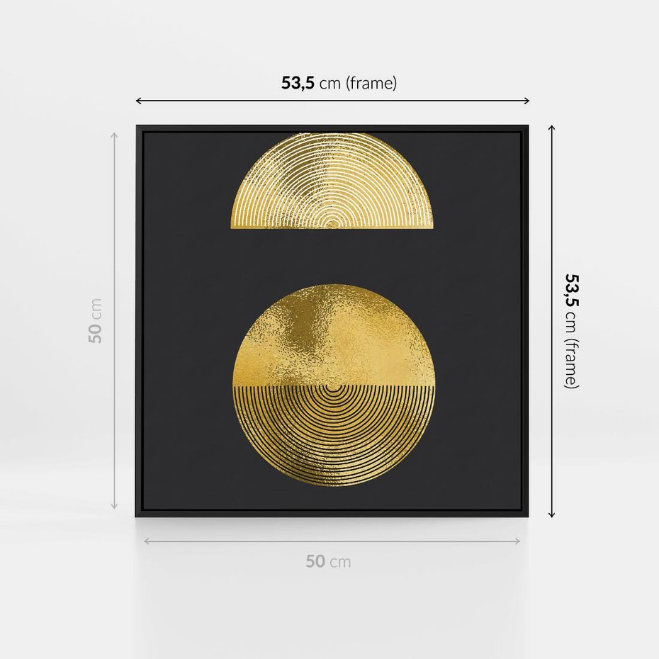 Obraz w ramie 50x50 - Migotliwe Przeniknięcia - złote koła, czarne tło - rama czarna