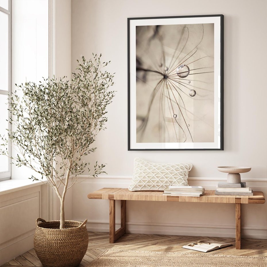 Plakat bez ramy 21x30 - Makro Uroda: Kropla na Dmuchawcu - zbliżenie makro, kropla wody na ziarenku dmuchawca