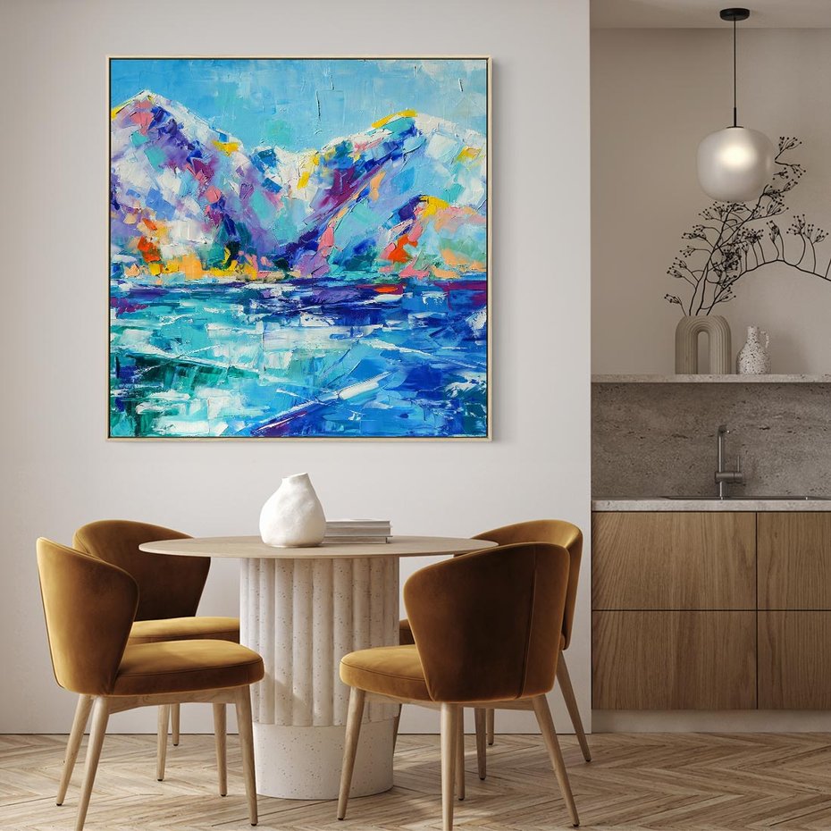 Obraz w ramie 80x80 - Mistyka Górskich Marzeń - abstrakcja, pejzaż gór - rama drewno