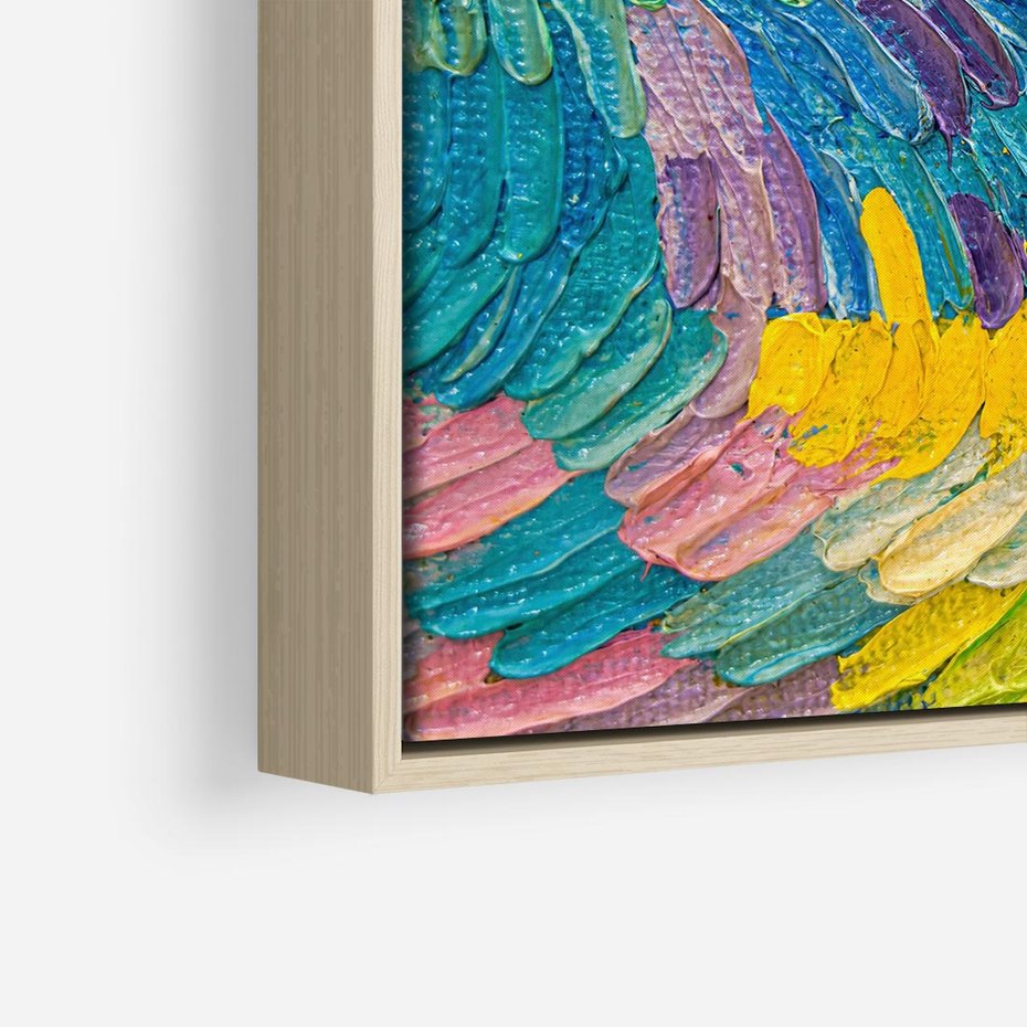 Obraz w ramie 50x50 - Egzotyczne Pióra - abstrakcyjne dzieło, farby olejne - rama drewno