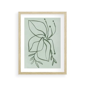 Plakat w ramie 40x50 - Energetyczne Odrodzenie Natury - abstrakcyjne delikatne zielone linie, podobne do gałęzi kwiatów - rama drewno