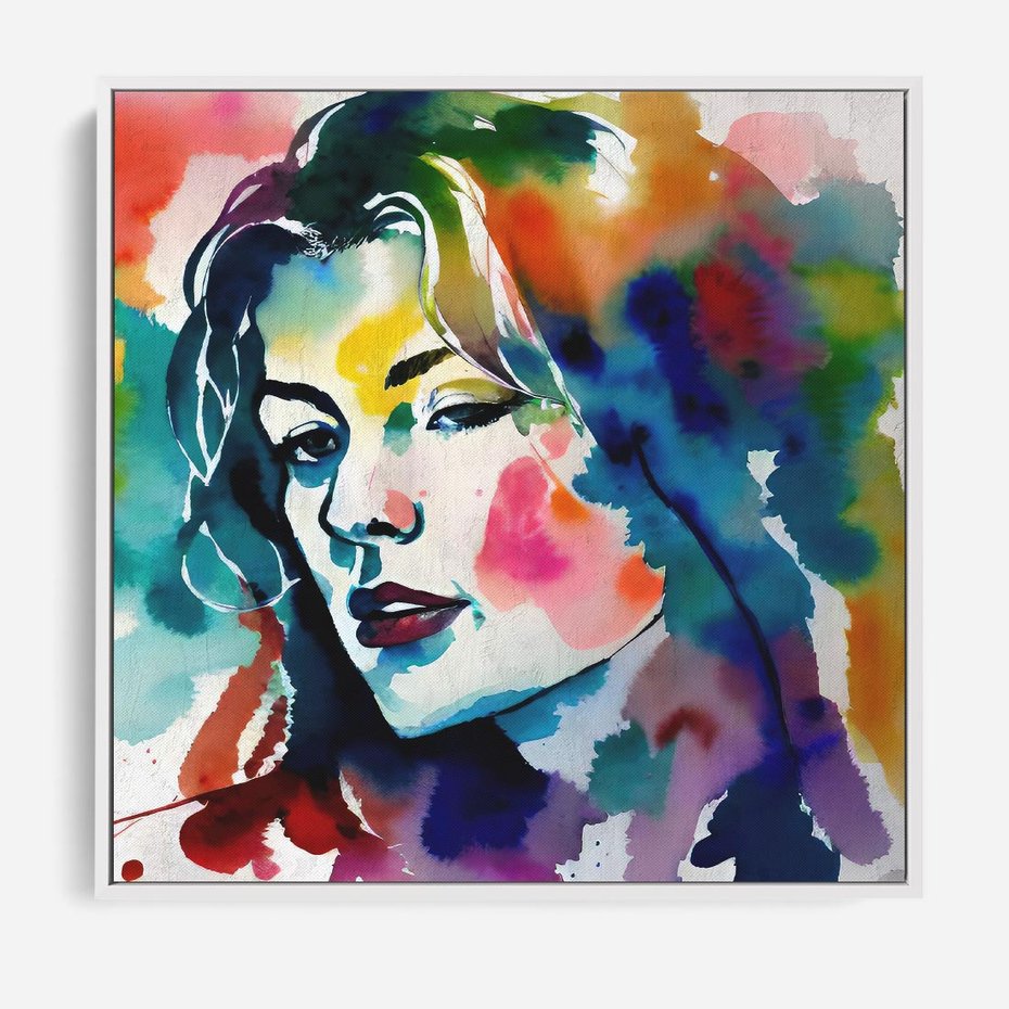 Obraz w ramie 50x50 - Abstrakcyjna ekstaza barw - abstrakcyjny portret kobiety, szkic czarną kreską - rama biała