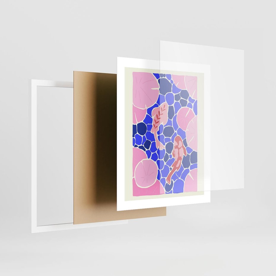 Plakat w ramie 40x50 - Rzeka Abstrakcji - abstrakcyjna kompozycja, różowe ryby wśród rafy - rama biała