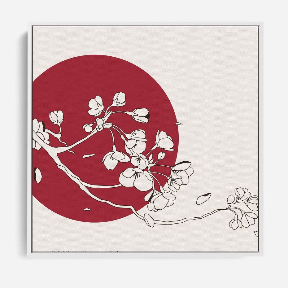 Obraz w ramie 80x80 - Esencja Zen - kwiatnąca wiśnia, orientalna grafika - rama biała