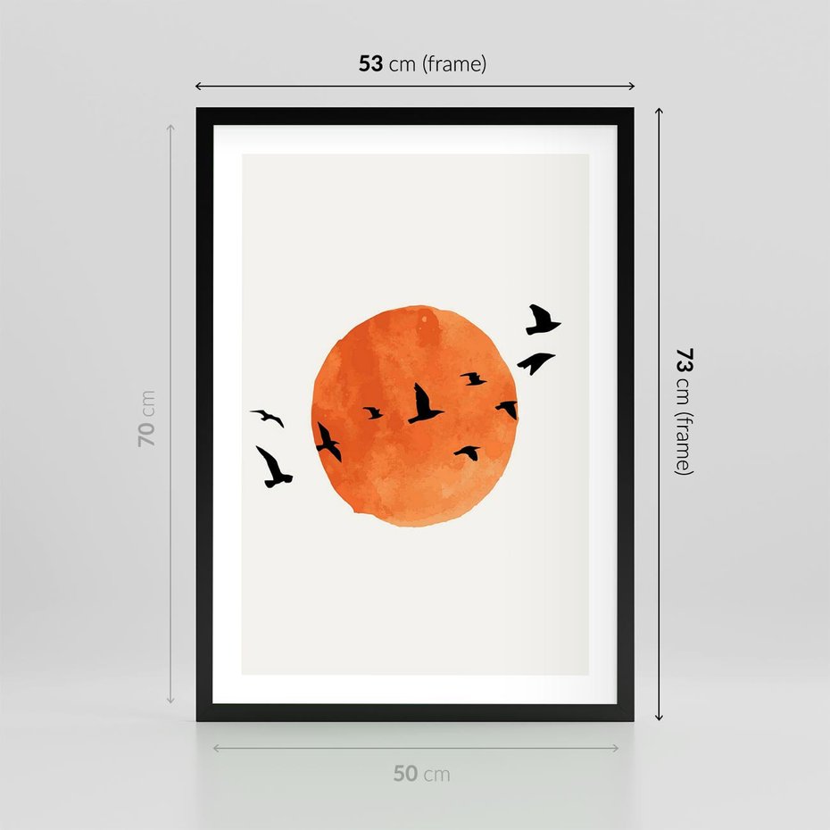 Plakat w ramie 50x70 - Zachód Słońca i Ptaki - grafika akwarela, czarne ptaki na tle zachodu słońca - rama czarna
