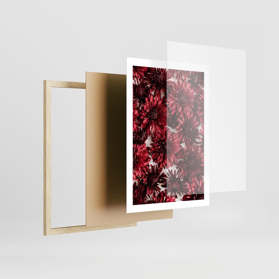 Plakat w ramie 50x70 - Energia Kwiatów - czerwone kwiaty, kompozycja - rama drewno