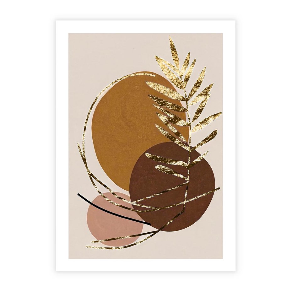 Plakat bez ramy 30x40 - Taniec Przenikających Odbić - abstrakcyjny obraz, złote liście palmy