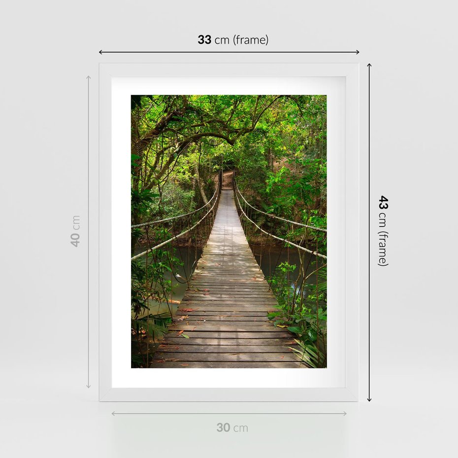 Plakat w ramie 30x40 - Przez Dżunglę - most, linowy - rama biała