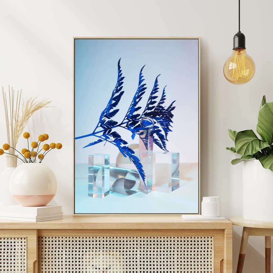 Obraz w ramie 50x70 - Intensywny Kolor Natury - liście, kobalt - rama drewno