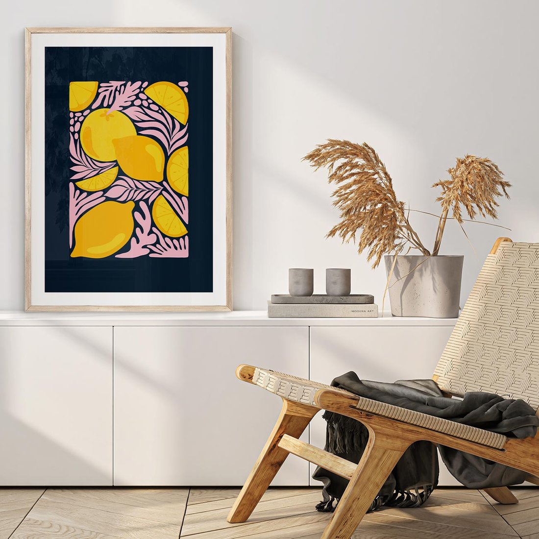 Plakat w ramie 50x70 - Kreatywne Rytmy - granatowe tło, nowoczesna kompozycja - rama drewno