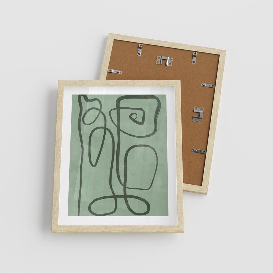 Plakat w ramie 40x50 - Zielone Wariacje w Liniach - abstrakcyjne zielone linie, skandynawski design - rama drewno