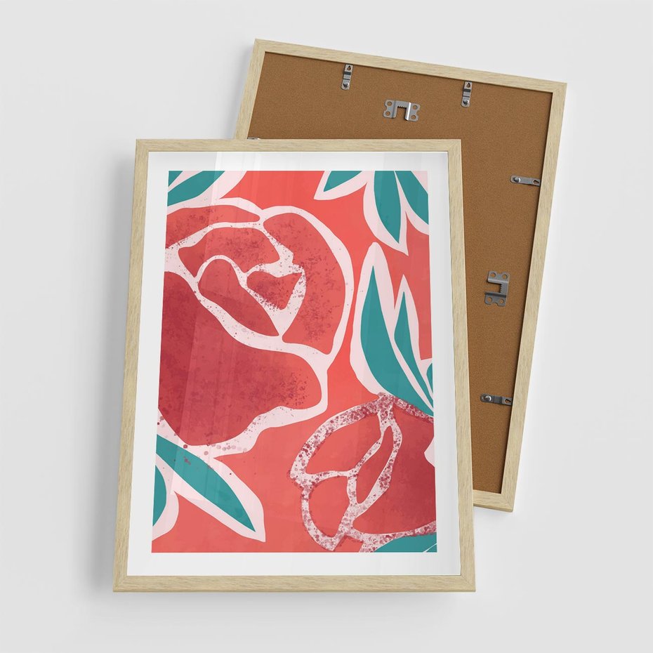 Plakat w ramie 50x70 - Rozkwitające Kształty - nowoczesny plakat, abstrakcyjne róże - rama drewno