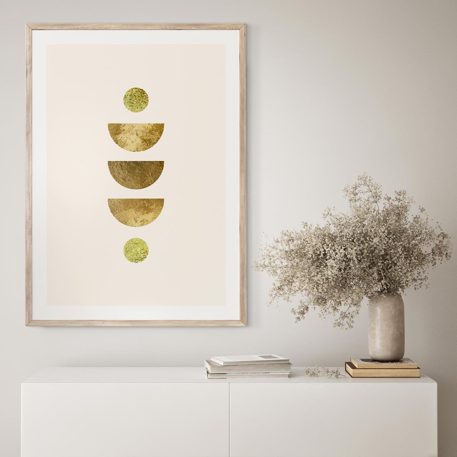 Plakat w ramie 30x40 - Harmonijne Odbicia - geometryczne złote kształty, tekstura - rama drewno