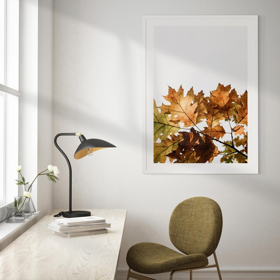 Plakat w ramie 50x70 - Suche Żółte Liście w Malowniczym Ujęciu - liście, żółte - rama biała