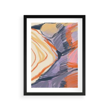 Plakat w ramie 30x40 - Pokreślony Świat - abstrakcyjne formy, odcienie pomarańczu i fioletu - rama czarna