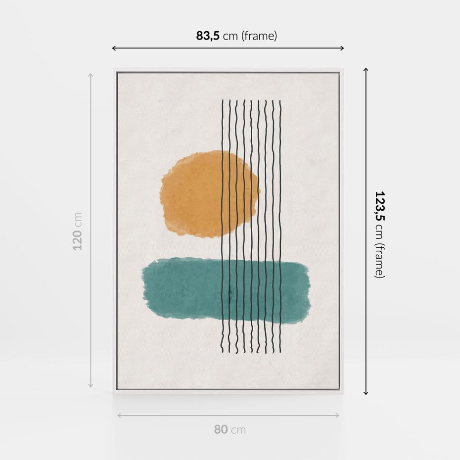 Obraz w ramie 80x120 - Wibracje Barw - abstrakcyjne akwarelowe plamy, nieregularne kreski - rama biała