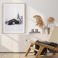 Plakat w ramie 50x70 - Zimowy Azyl: Domek w Górach - domek w górach, śnieg - rama drewno