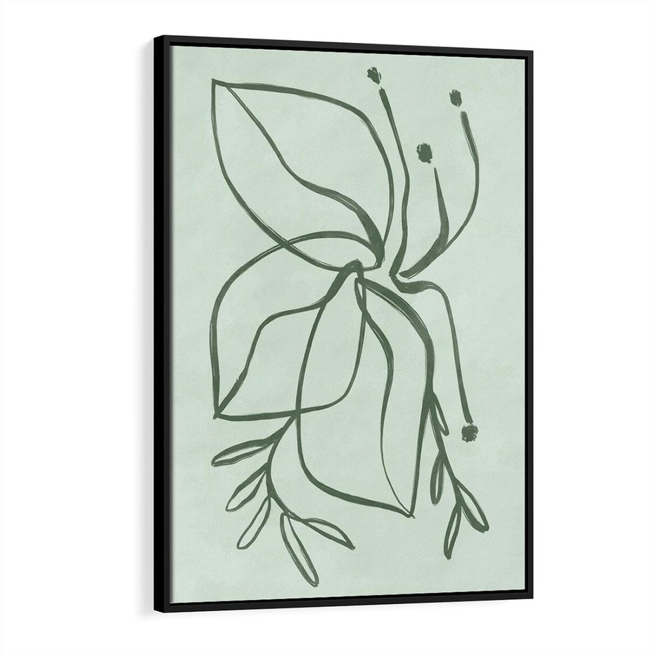Obraz w ramie 70x100 - Energetyczne Odrodzenie Natury - abstrakcyjne delikatne zielone linie, podobne do gałęzi kwiatów - rama czarna