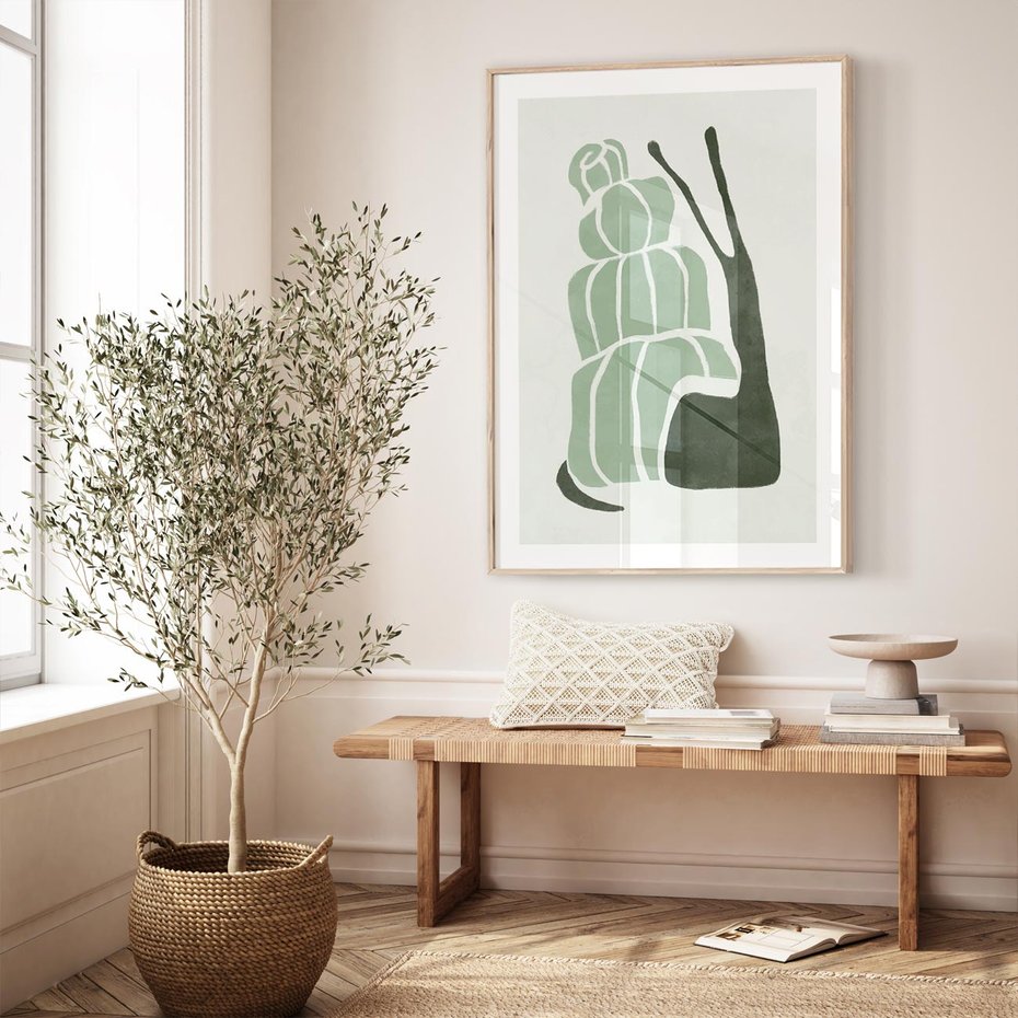 Plakat w ramie 40x50 - Zielona Równowaga - abstrakcyjny zielony ślimak, skandynawski design - rama drewno