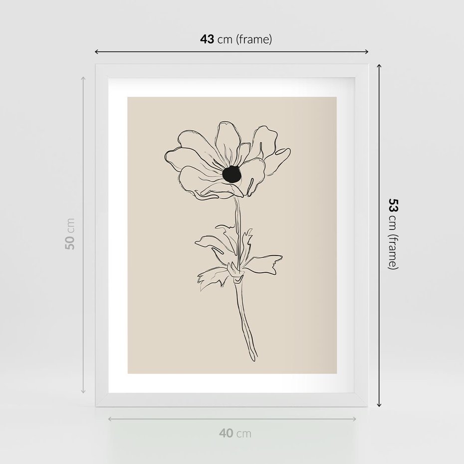 Plakat w ramie 40x50 - Przenikający Dialog - szkic kwiatu, mnimalistyczny szkic - rama biała