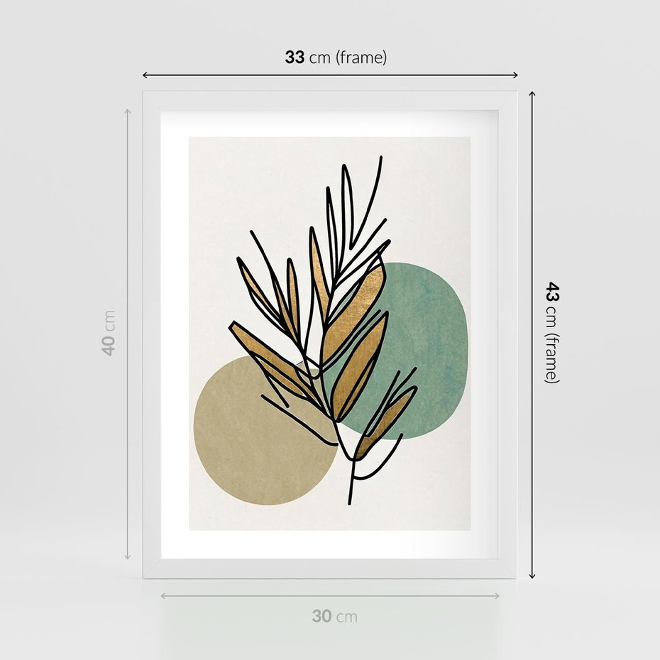 Plakat w ramie 30x40 - Migocące Ścieżki Wizji - abstrakcyjny obraz boho, liście - rama biała