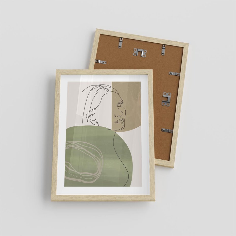 Plakat w ramie 30x40 - Jedna Linia, Wiele Emocji - akwarelowe plamy, na nich szkic postaci kobiety jedną linią - rama drewno