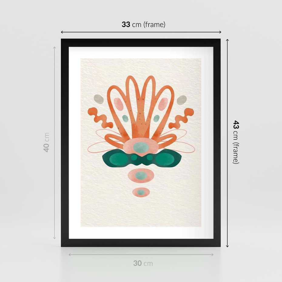 Plakat w ramie 30x40 - Harmonia Nienormalności - akwarelowe abstrakcyjne kształty, zieleń i pomarańcz - rama czarna