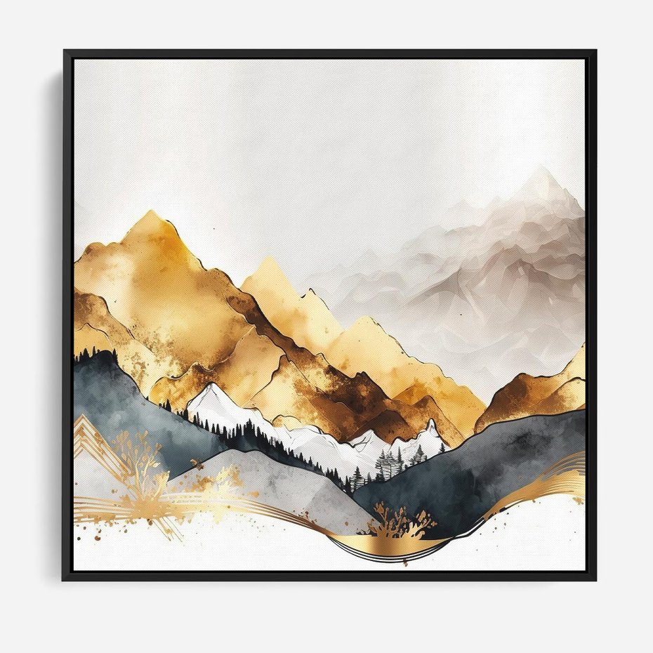 Obraz w ramie 50x50 - Złote Góry - akwarela, graficzne góry - rama czarna