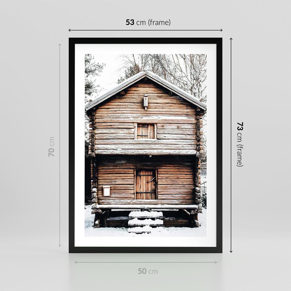 Plakat w ramie 50x70 - Śnieżny Ustronny Raj - domek w górach, śnieg - rama czarna