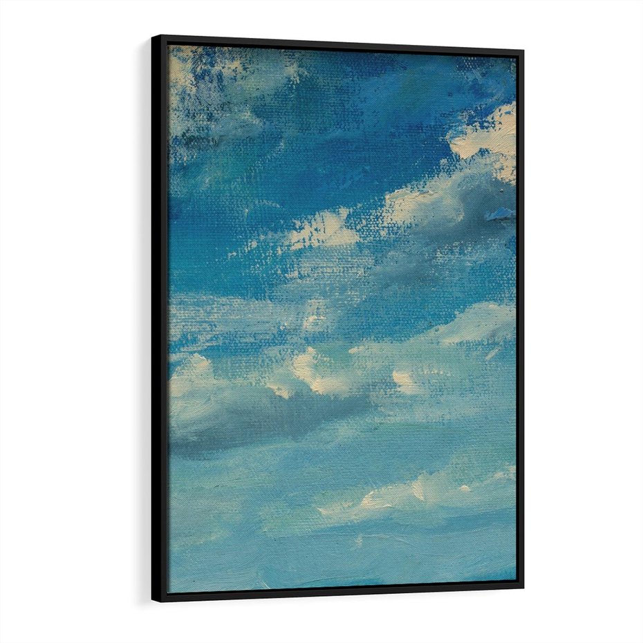 Obraz w ramie 70x100 - Oddechy niebiańskiej materii - olejny obraz, smugi farby przypominają obłoki na błękitnym niebie - rama czarna