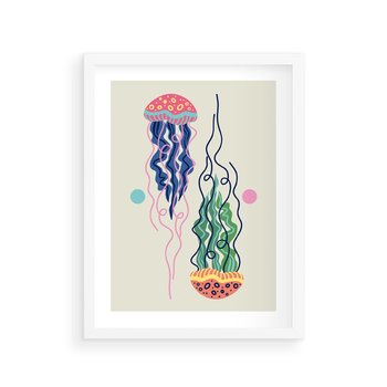 Plakat w ramie 30x40 - Morskie Pulsacje - nowoczesny optymistyczny plakat, kolorowe meduzy - rama biała
