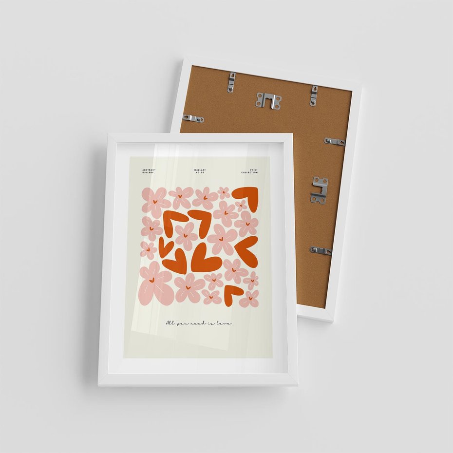 Plakat w ramie 30x40 - Miłość w Kompozycji - grafika, kompozycja kwiaty i serca - rama biała