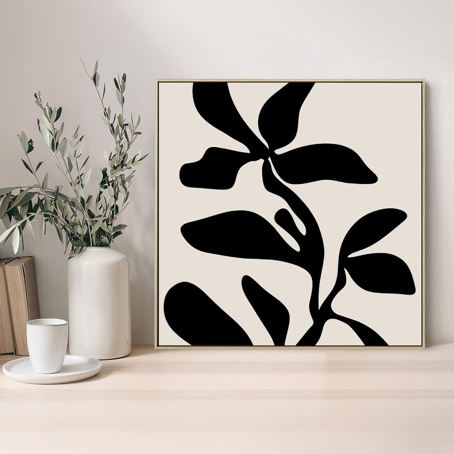 Obraz w ramie 50x50 - Wibracje Akwarelowych Ścieżek - abstrakcyjny minimalistyczna kwiat, czarno biały plakat - rama drewno