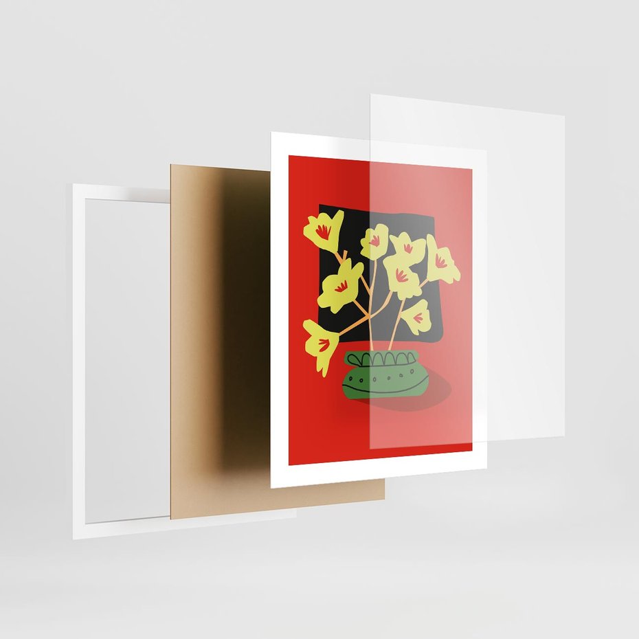 Plakat w ramie 40x50 - Abstrakcyjne Przenikanie - abstrakcyjne kwiaty, czerwone tło - rama biała