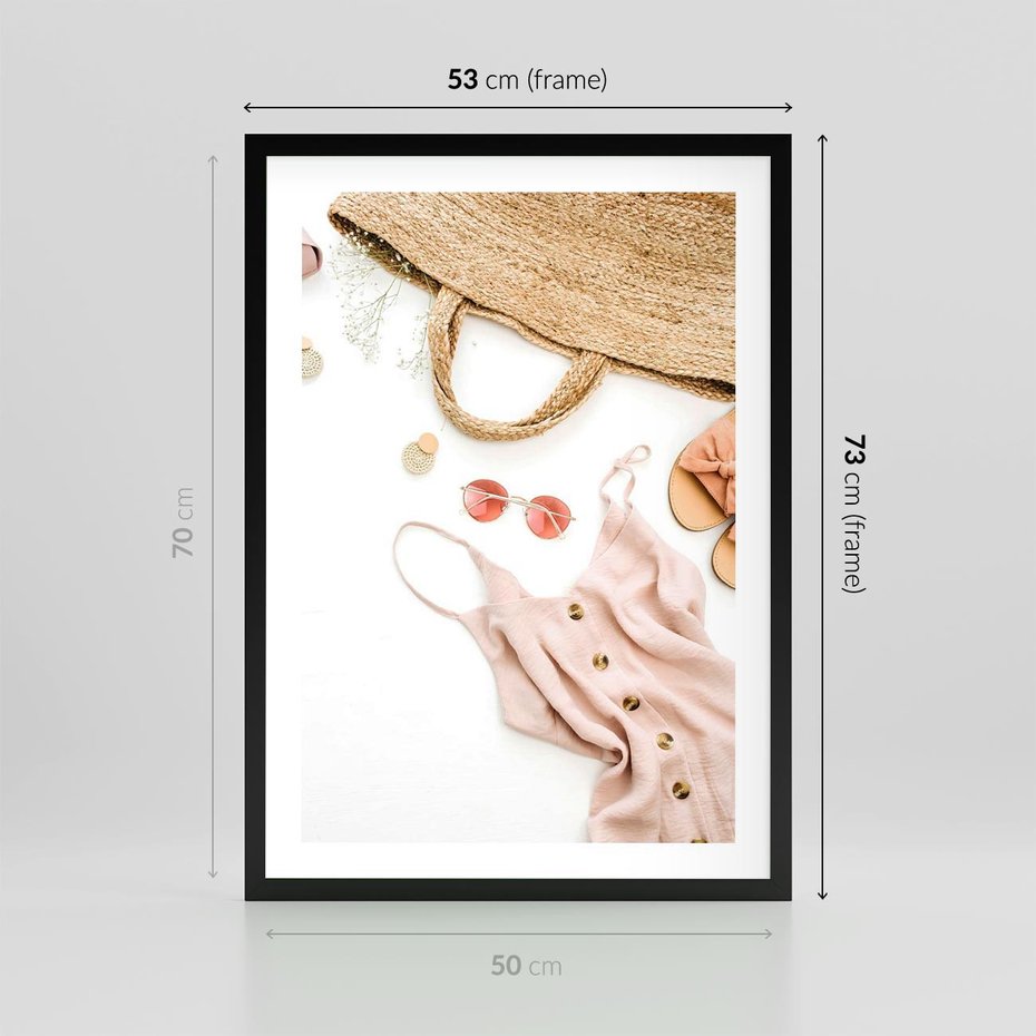 Plakat w ramie 50x70 - Moda na Plażę - kompozycja fashion, sukienka - rama czarna