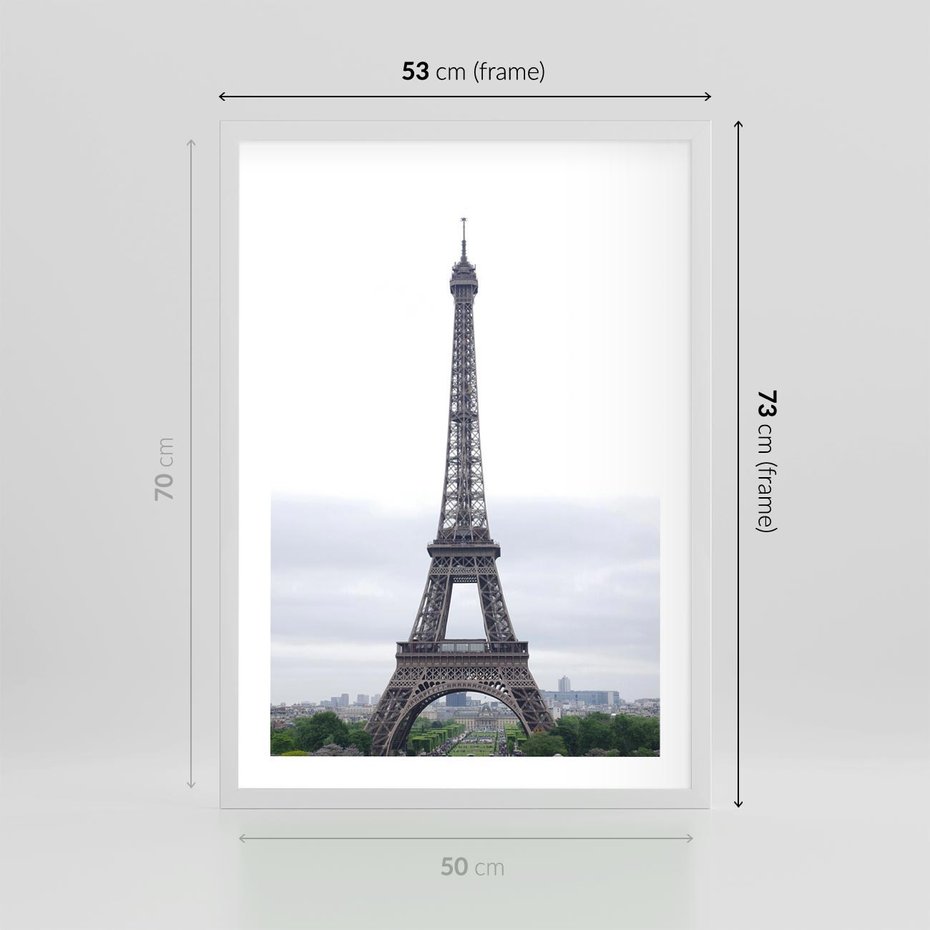 Plakat w ramie 50x70 - Eiffla w mglistym świetle - Eiffla, Paryż - rama biała