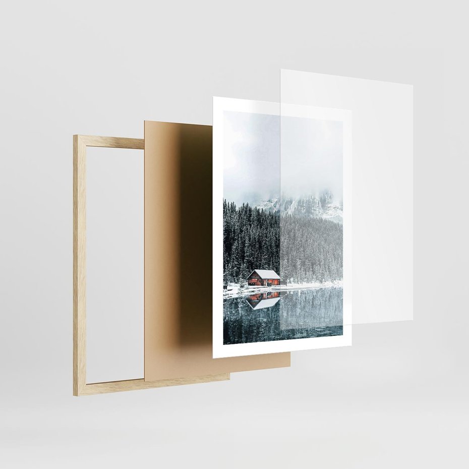 Plakat w ramie 50x70 - Biały Domek - domek w górach, zima - rama drewno
