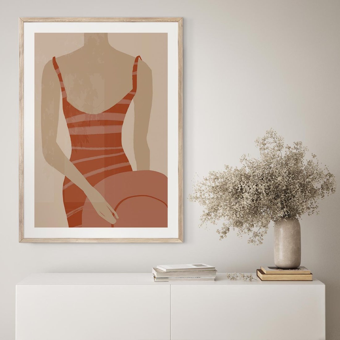 Plakat w ramie 30x40 - Kobiece Retro - minimalistyczny boho plakat, retro kobieta w stroju kąpielowym - rama drewno