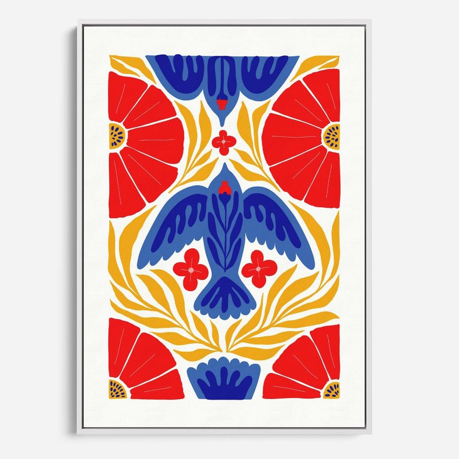 Obraz w ramie 50x70 - Eklektyczny Majestat - wyrazista grafika, mocne kolory czerwień niebieski żółty - rama biała