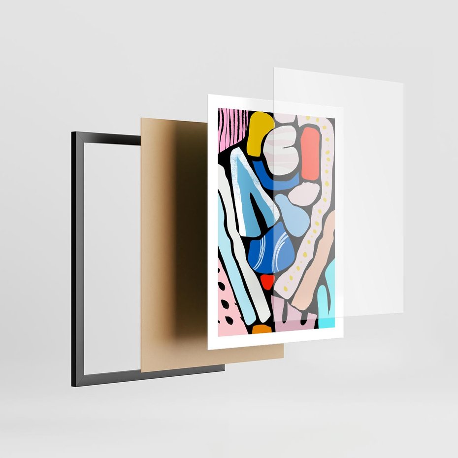 Plakat w ramie 50x70 - Kolory Na Czerni - abstrakcyjne formy, komiksowy styl - rama czarna