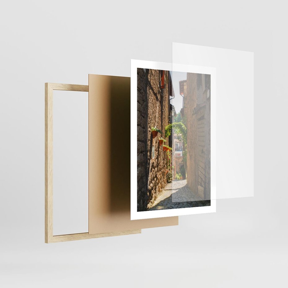 Plakat w ramie 50x70 - Włoska uliczka w perspektywie - Włochy, uliczka - rama drewno