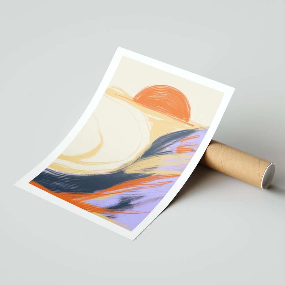 Plakat bez ramy 21x30 - Pomarańczowy Horyzont - pastelowy krajobraz, nowoczesny plakat