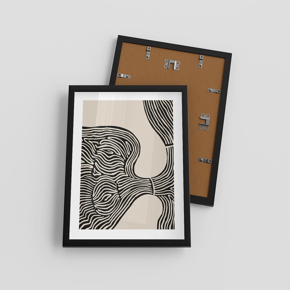 Plakat w ramie 30x40 - Harmonijne Kształty - abstrakcyjne ryciny, czarno biały - rama czarna