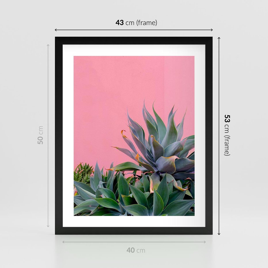 Plakat w ramie 40x50 - Tropikalne Liście na Różowej Ścianie - różowa ściana, tropikalne liście na jej tle - rama czarna