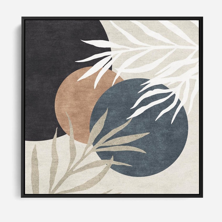 Obraz w ramie 50x50 - Symfonia skradzionych chwil - cienie liści palmy, beżowe tłó - rama czarna