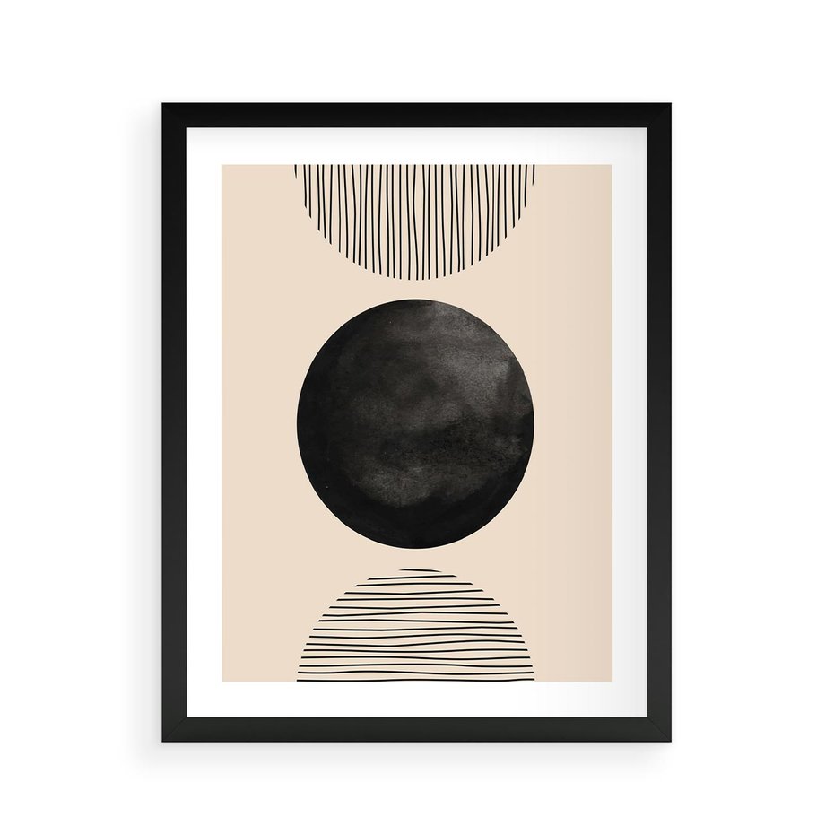 Plakat w ramie 40x50 - Minimalizm w Kształtach - geometryczny graficzny obraz, czarne koło - rama czarna